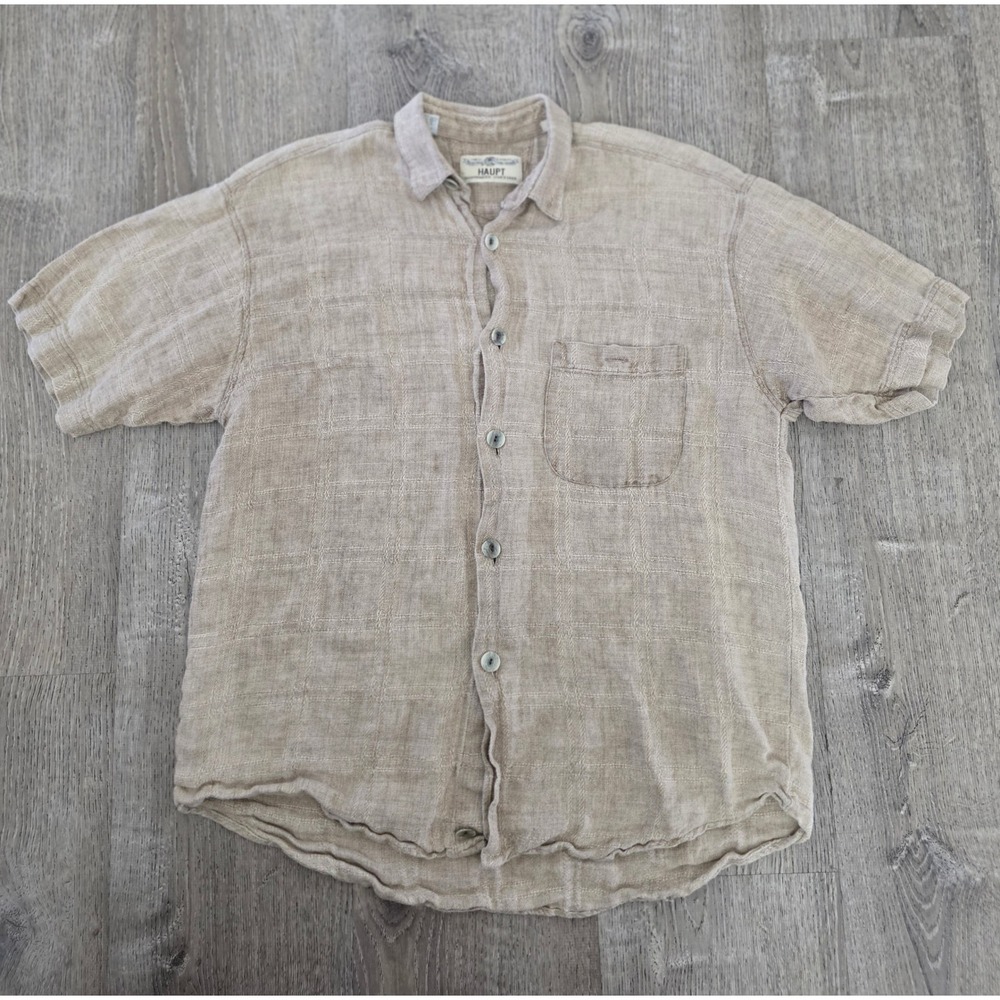 Haupt Mens 100% Linen Short Sleeve Button Down Shirt‎ Beige Windowpane Size M